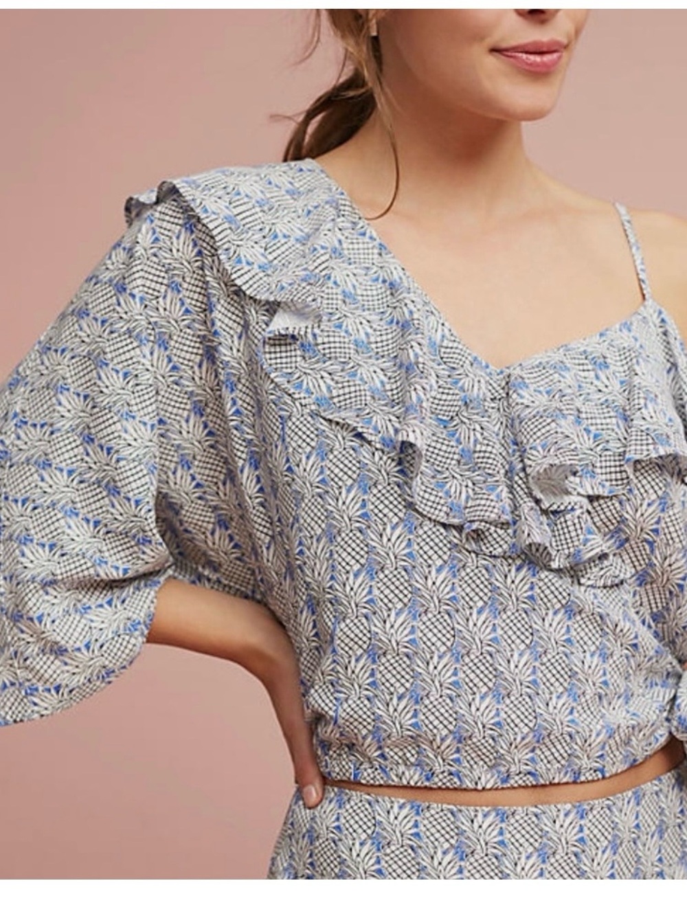 Anthropologie Maeve pineapple print one-shoulder wrap crop blouse